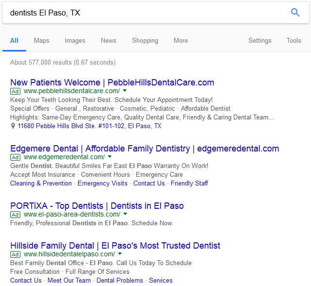 dentist search PPC ads